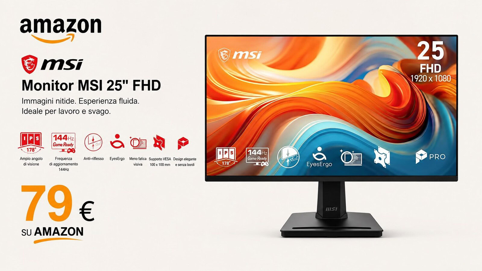 Monitor MSI PRO MP251A E14L a 79€: 144Hz e IPS sotto i 100 euro