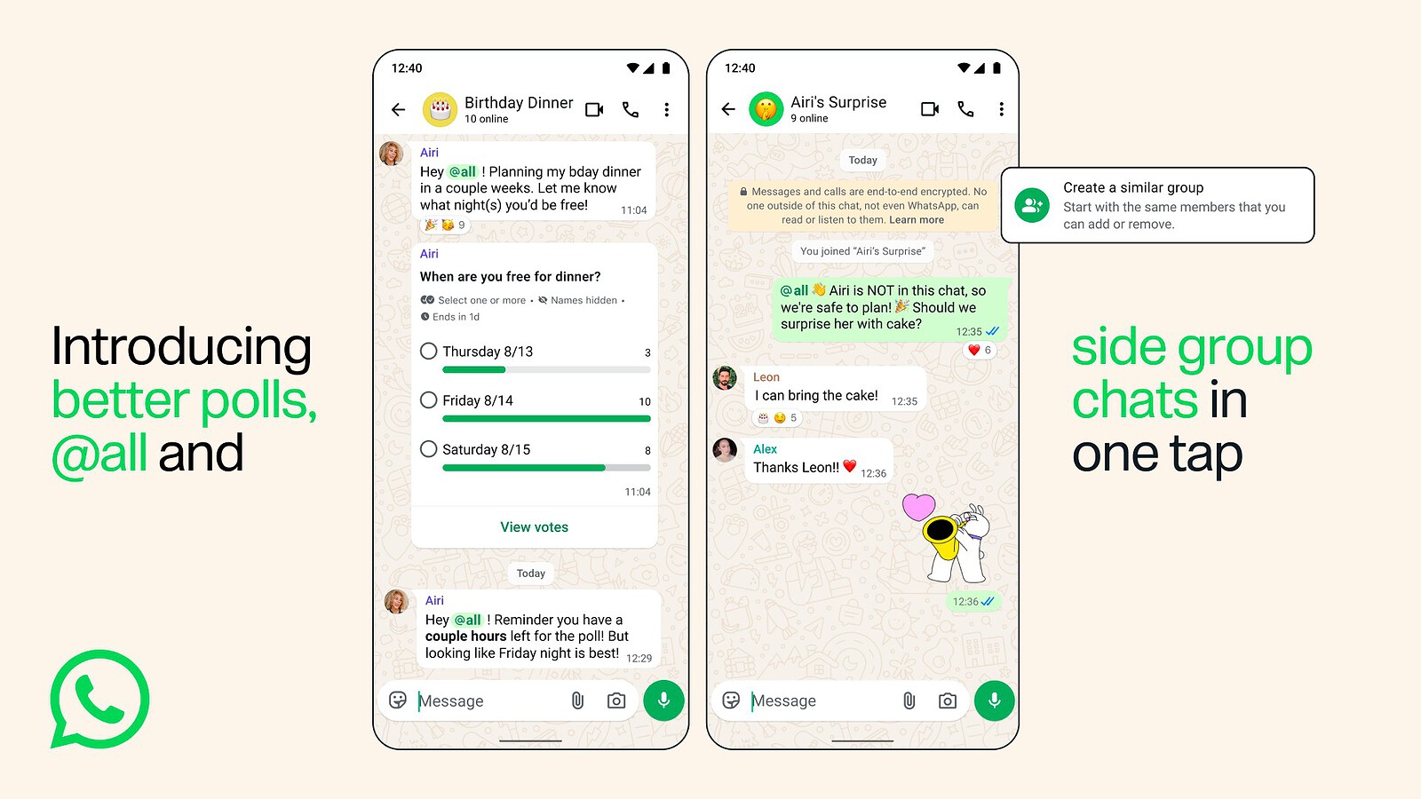 WhatsApp migliora i gruppi con @tutti, sondaggi e nuove chat