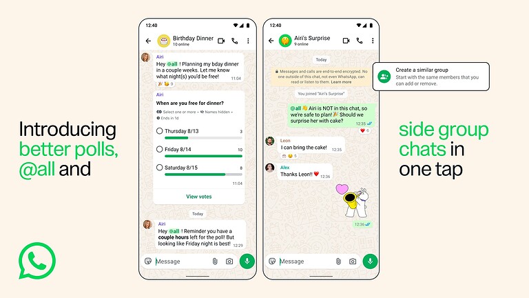 WhatsApp migliora i gruppi con @tutti, sondaggi e nuove chat