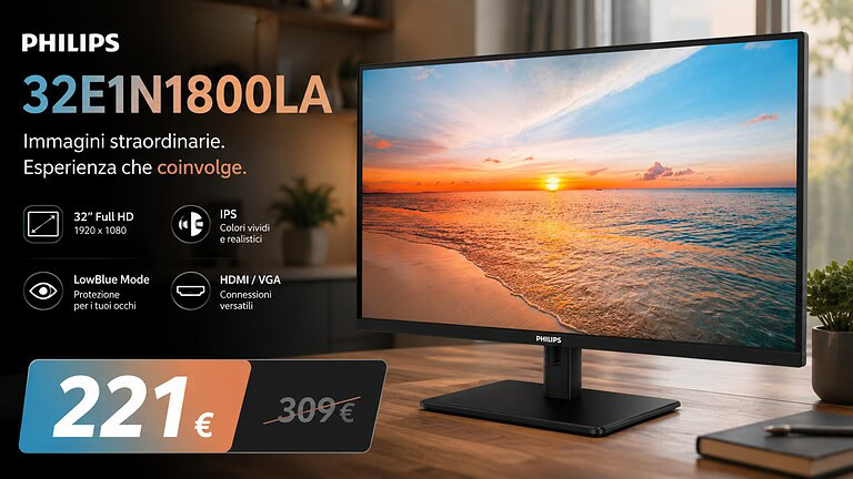 Philips 32E1N1800LA, il monitor 4K da 32" al minimo storico