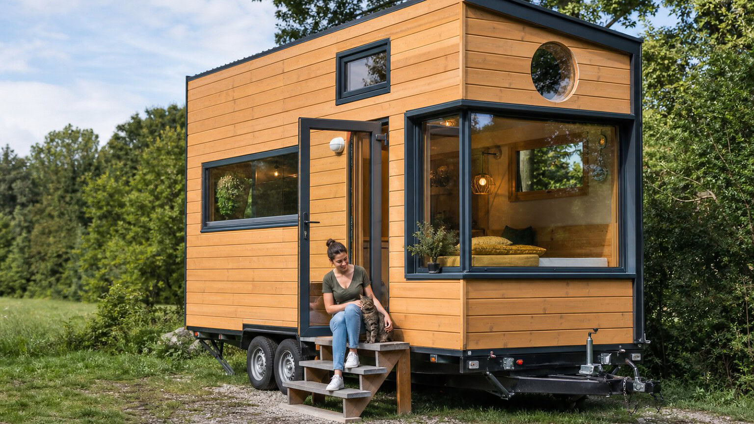 Tiny house su misura per una donna, il suo gatto e l'ufficio