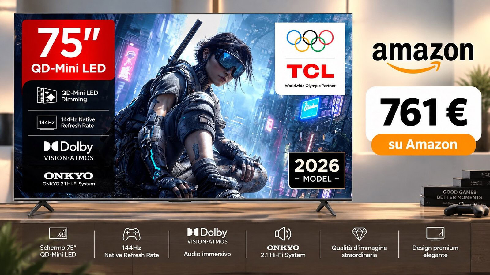 TCL 75T8D, TV QD Mini LED da 75" a 751€ con 144Hz nativi