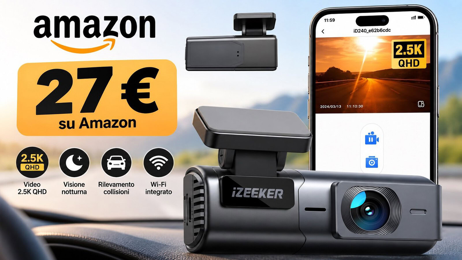 iZEEKER iD240 a 27 euro su Amazon: dash cam 2K con app