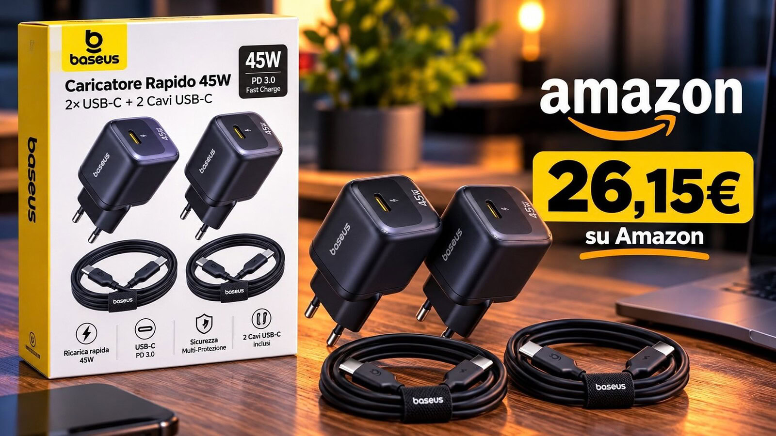 Caricatore Baseus 45W, confezione doppia a 26,15€ su Amazon