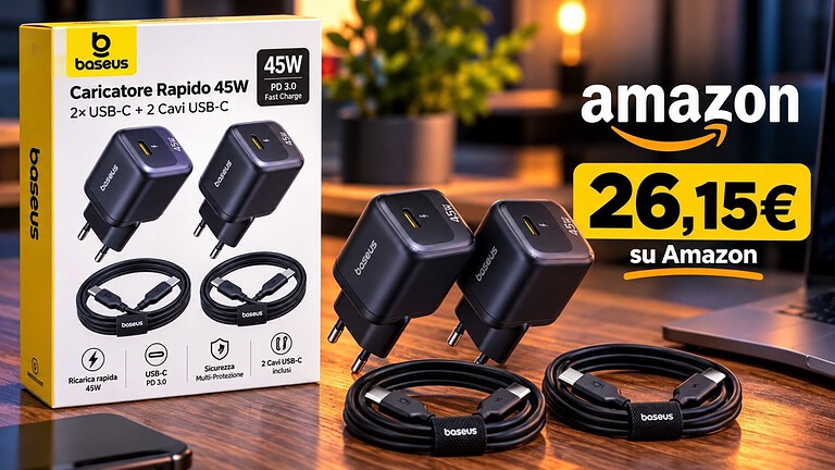 Caricatore Baseus 45W, confezione doppia a 26,15€ su Amazon