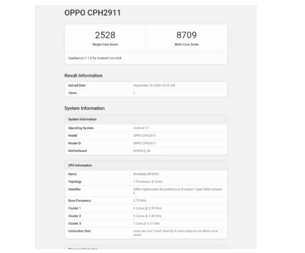 Oppo Find X10 globale su Geekbench: confermato il Dimensity 9600M