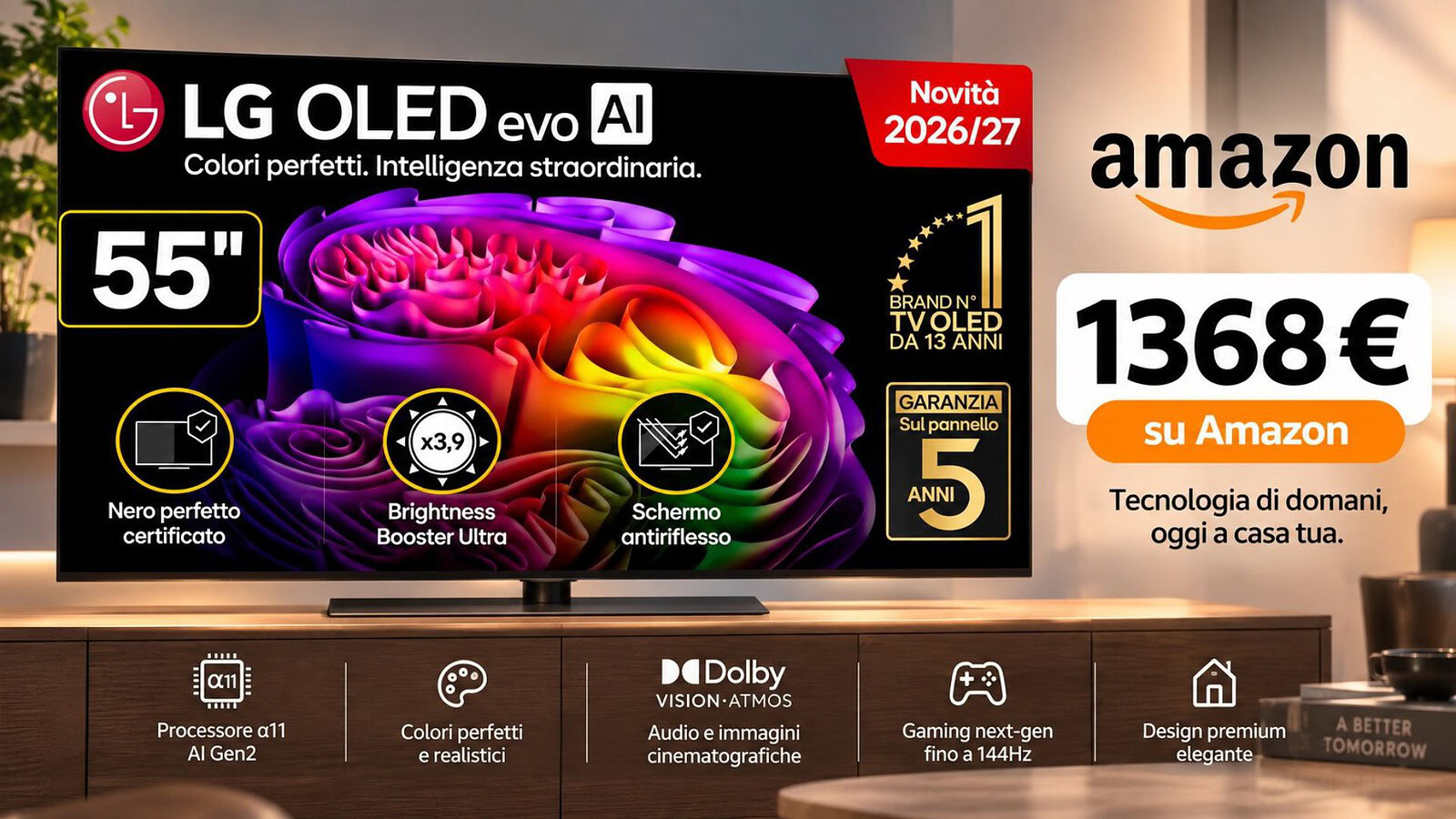 LG OLED55G66LS crolla a 1368 euro: sconto del 45% su Amazon