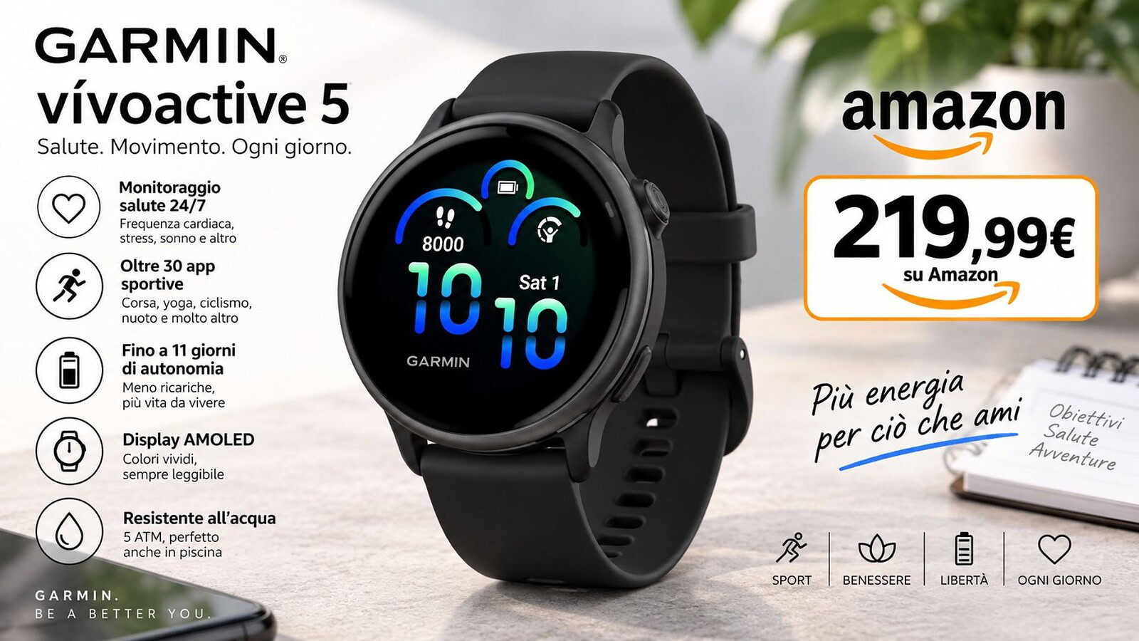Garmin vivoactive 6 in sconto del 27%: display da 2.000 nit