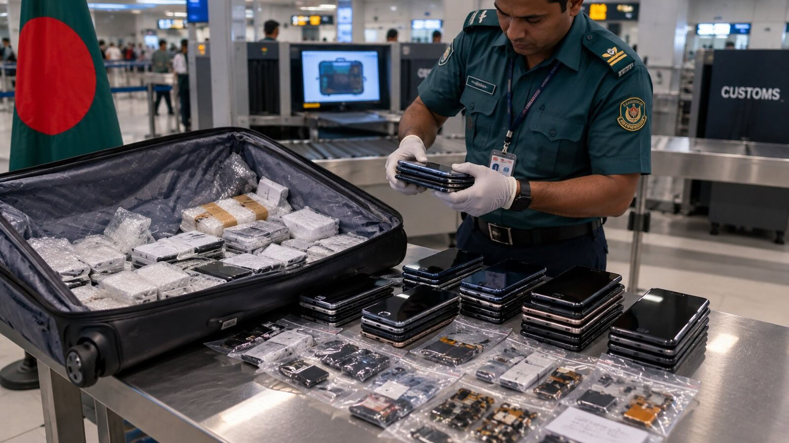 Bangladesh, gli sequestrano 36 smartphone e 1.500 componenti nascosti in valigia