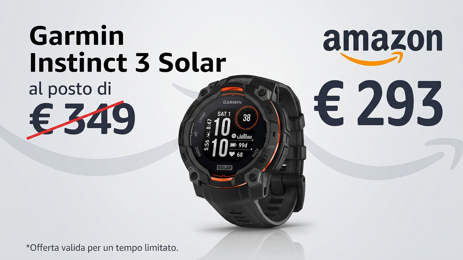 Garmin Instinct 3 Solar in offerta lampo: 56 euro di sconto