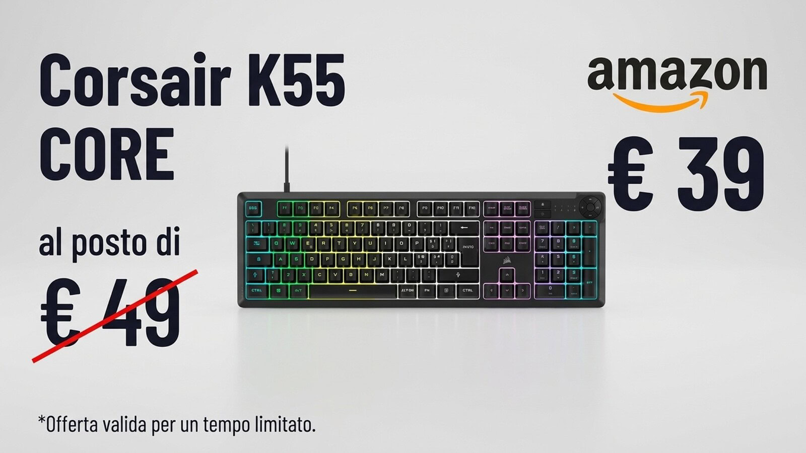 Corsair K55 CORE in offerta a 39,90 euro: silenziosa e RGB