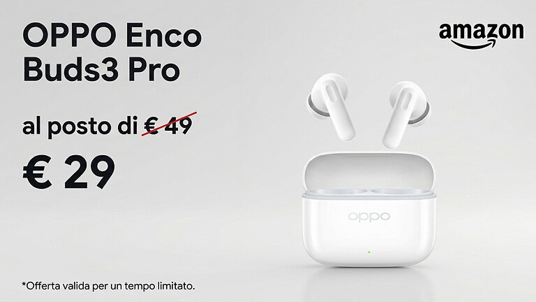 OPPO Enco Buds3 Pro a 29,99€: 54 ore di autonomia su Amazon