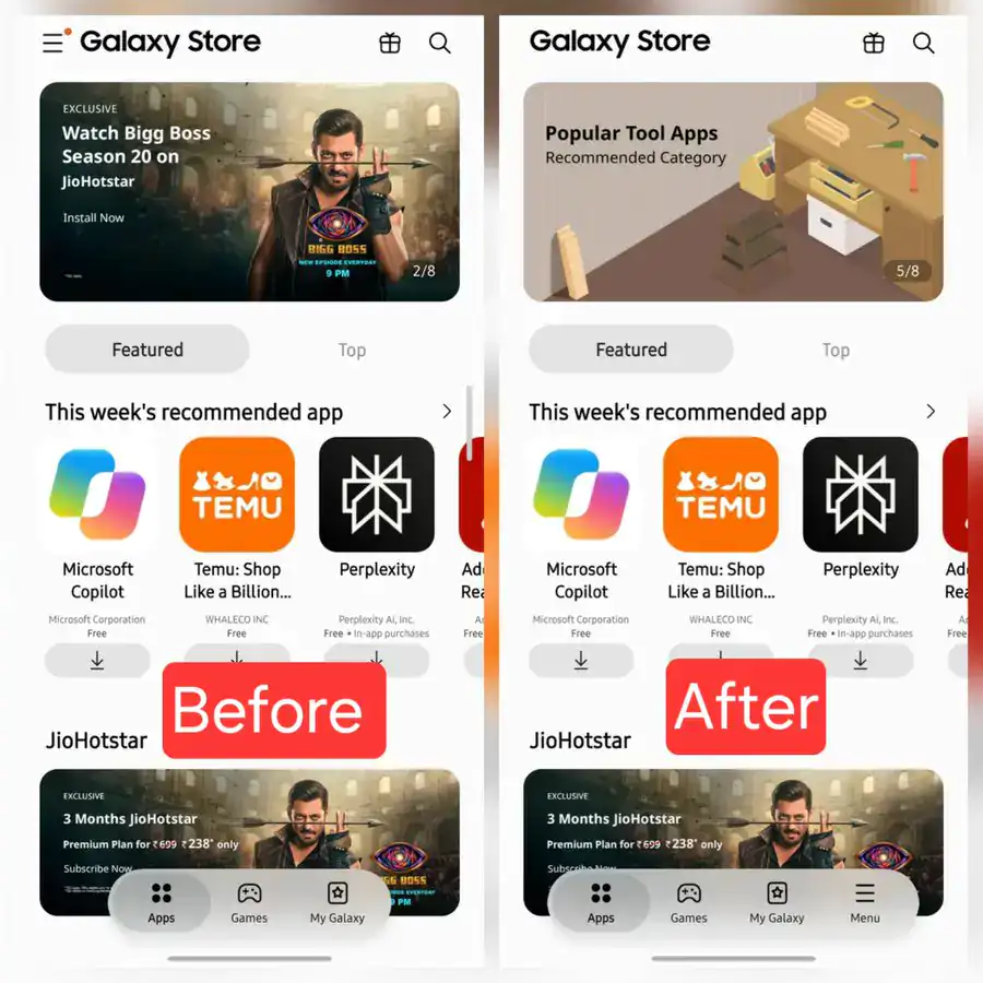 Galaxy Store, il Menu scende in basso per l'uso con una mano