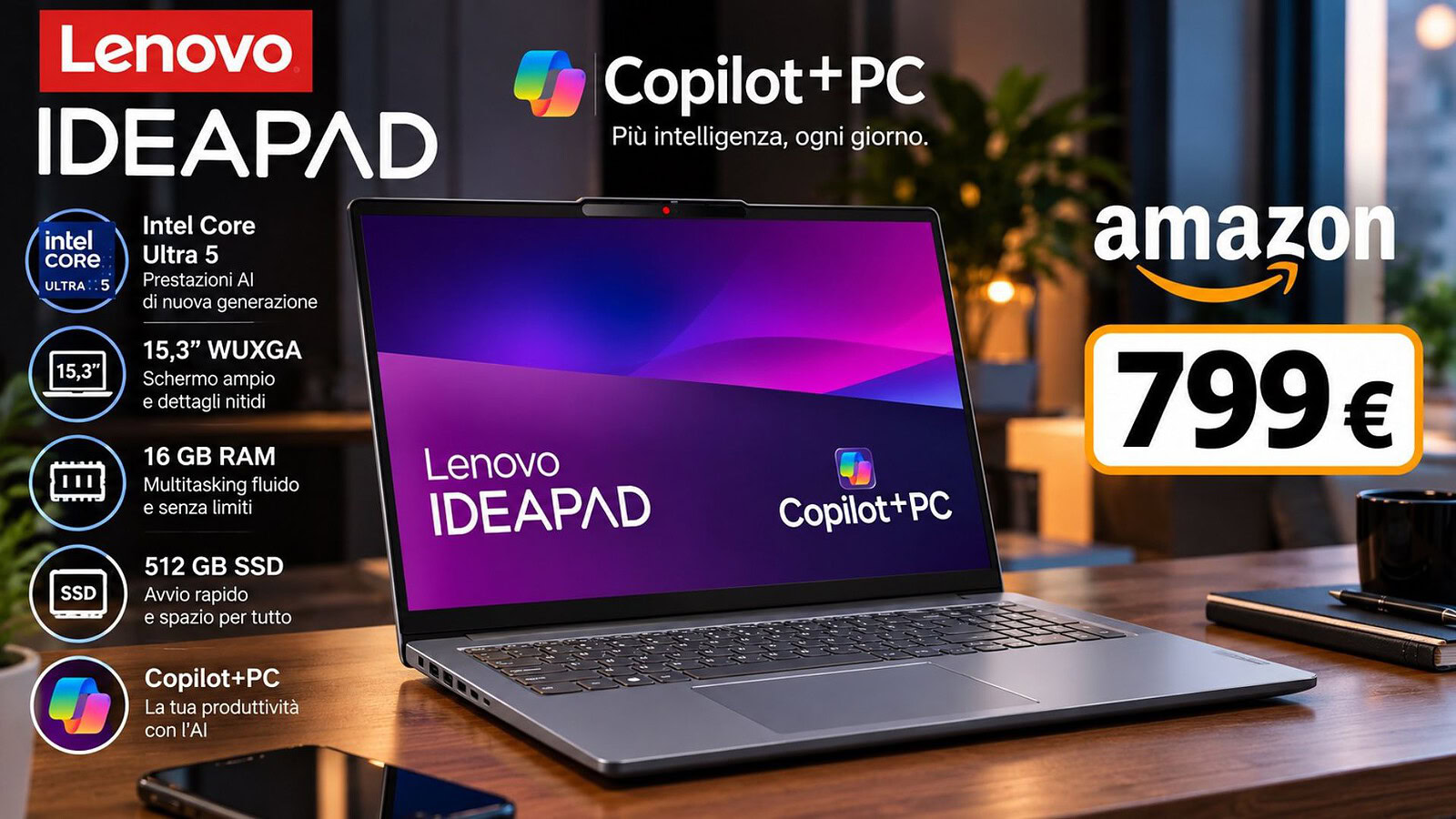 Lenovo IdeaPad Slim 3 con Core Ultra 5 a 799 euro, minimo storico