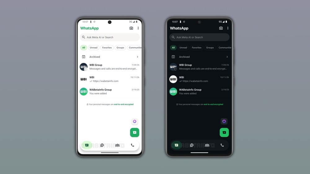 barra di navigazione WhatsApp WhatsApp per Android prova un cerchio verde per la scheda attiva