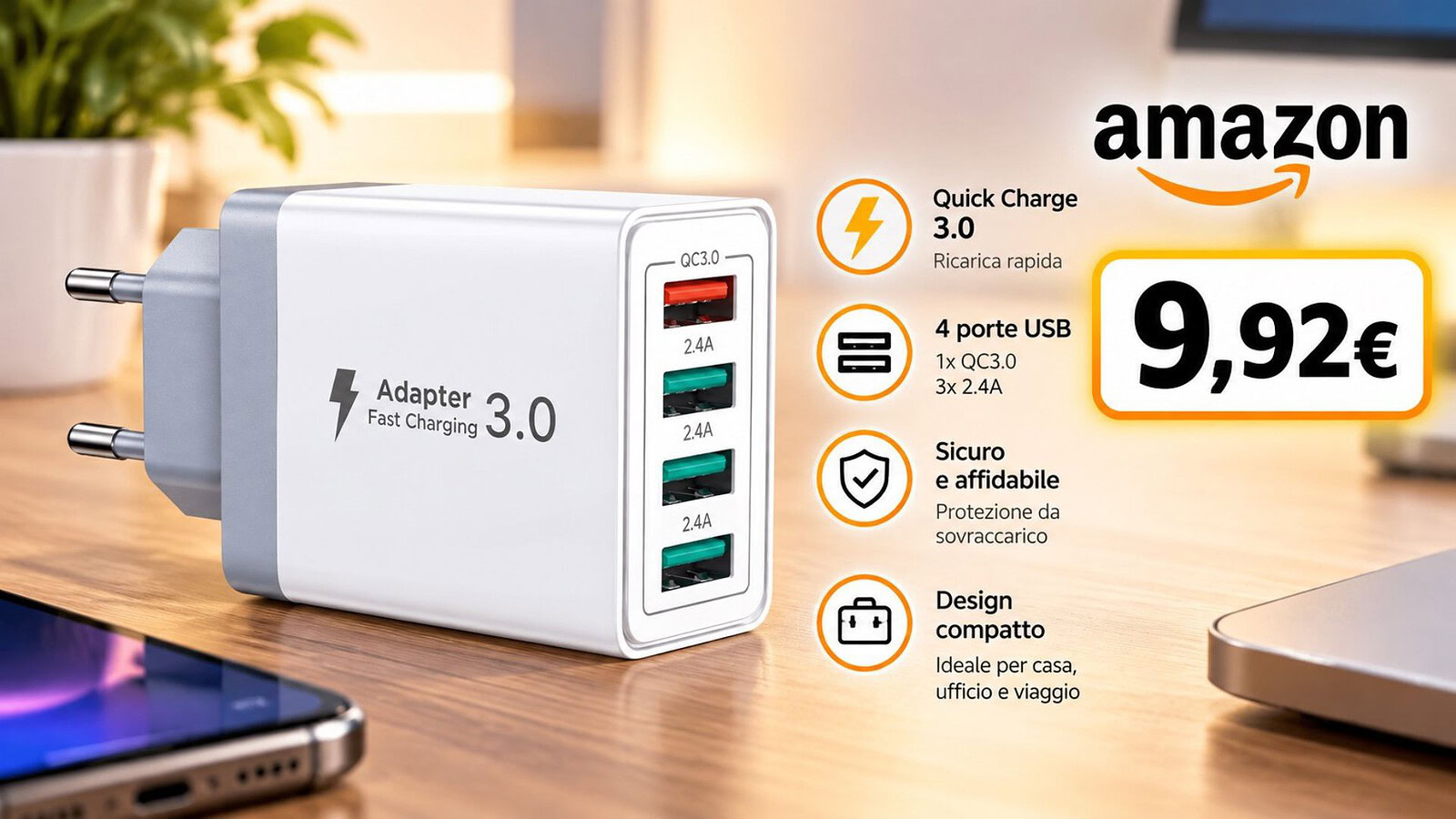 Caricatore USB Aioneus a 9 euro: 4 porte e Quick Charge 3.0