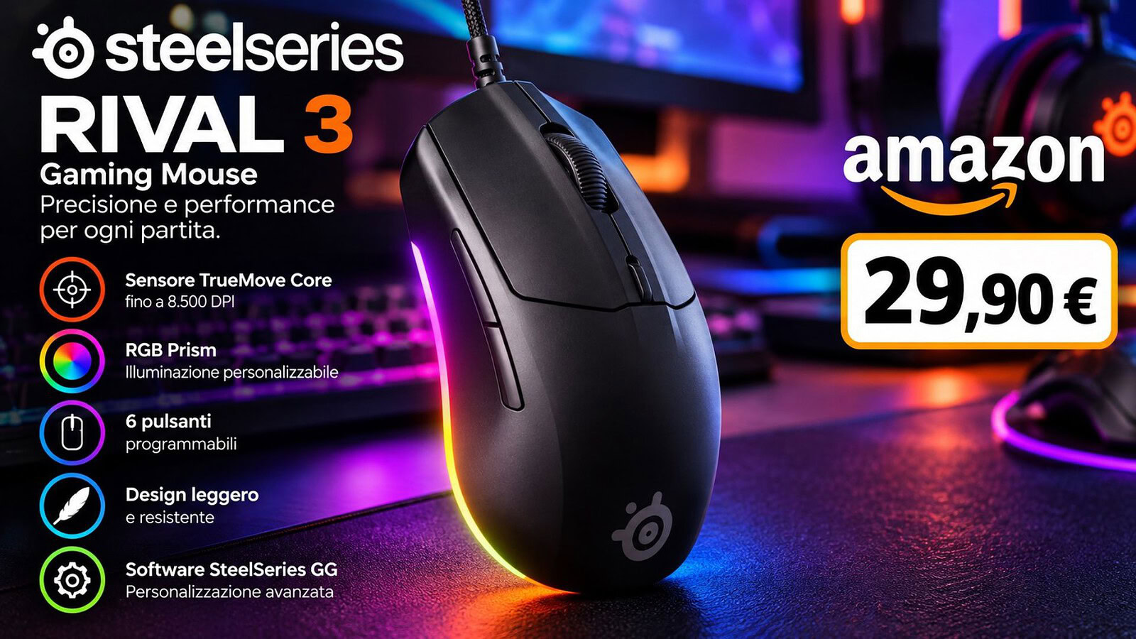 SteelSeries Rival 3 Gen 2 a 29,90 euro, vicino al minimo storico