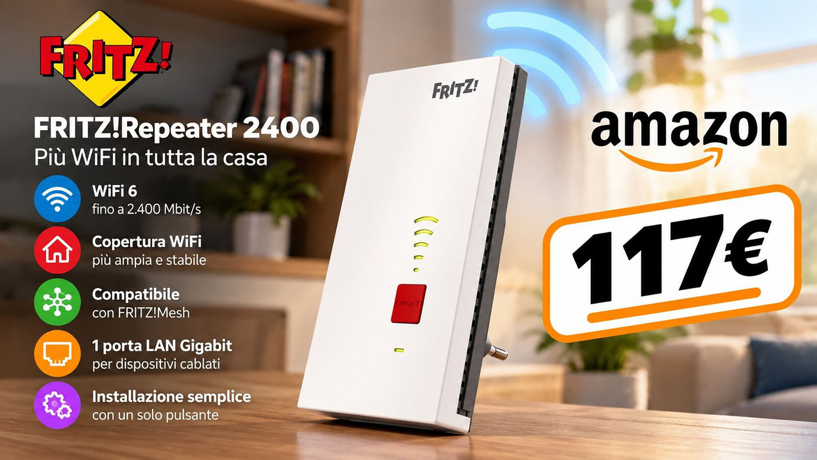 FRITZ!Repeater 2700 WiFi 7: sconto del 38% riservato ai Prime