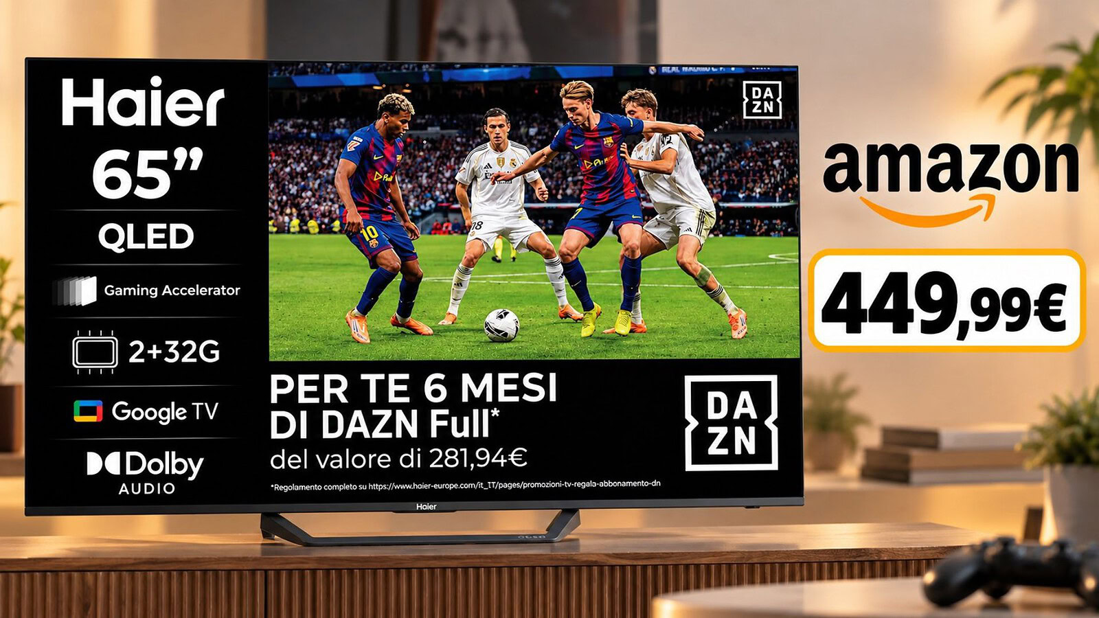 Haier Smart TV 65 pollici QLED a 449,99€ su Amazon con 6 mesi di DAZN
